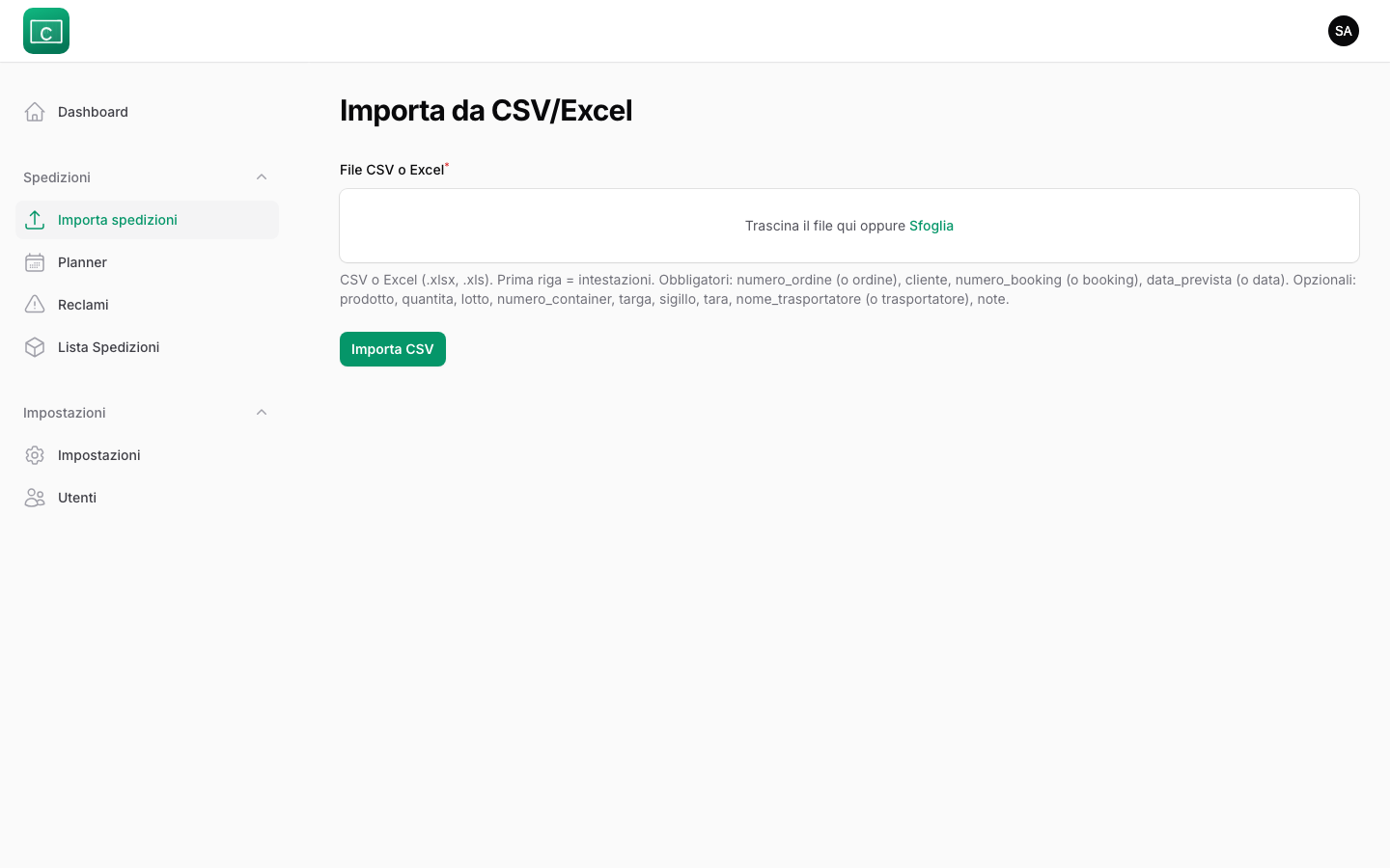 Importazione spedizioni