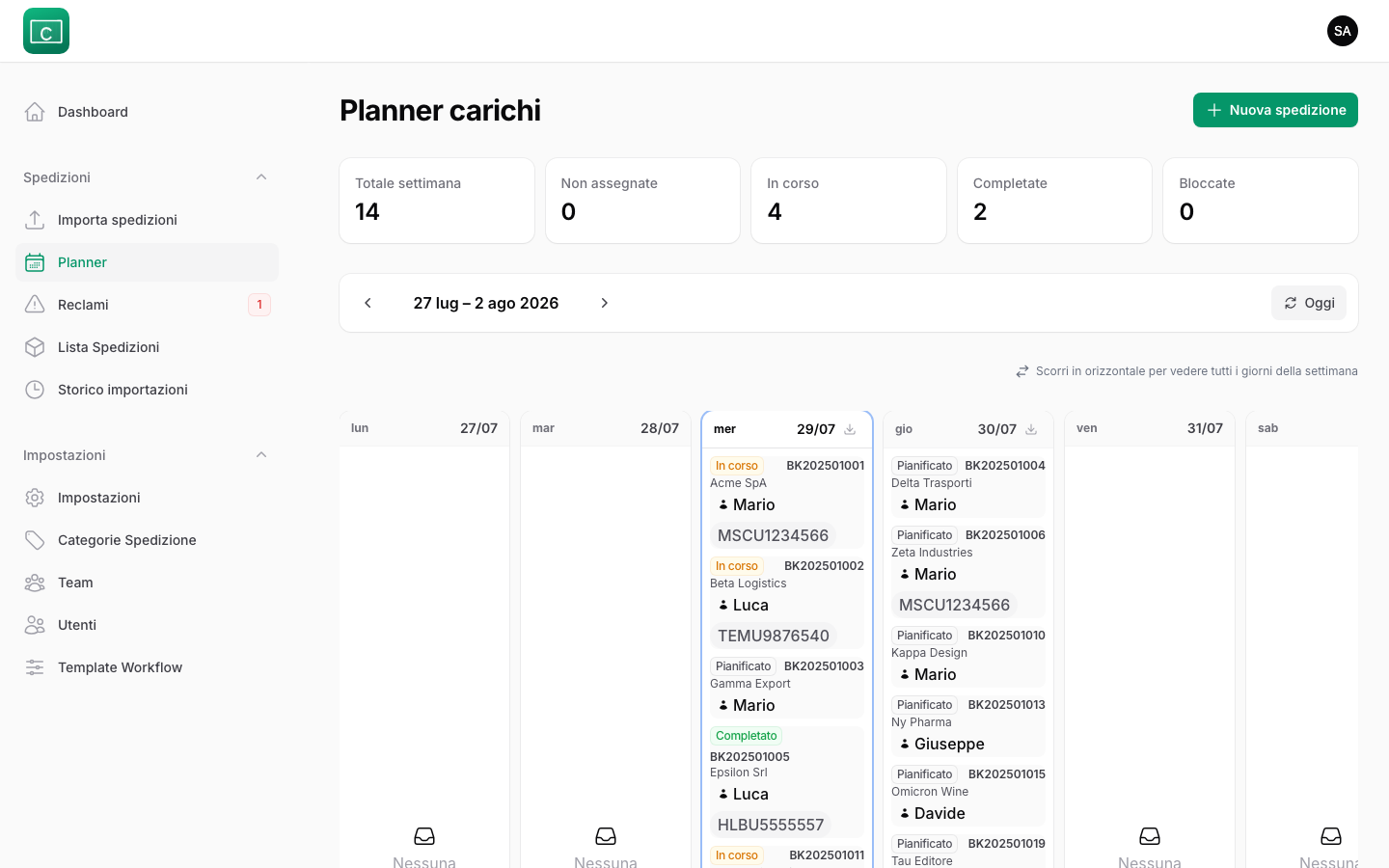 Planner spedizioni