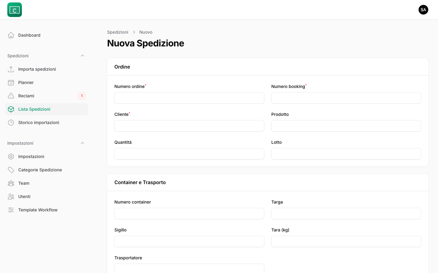 Creazione spedizione