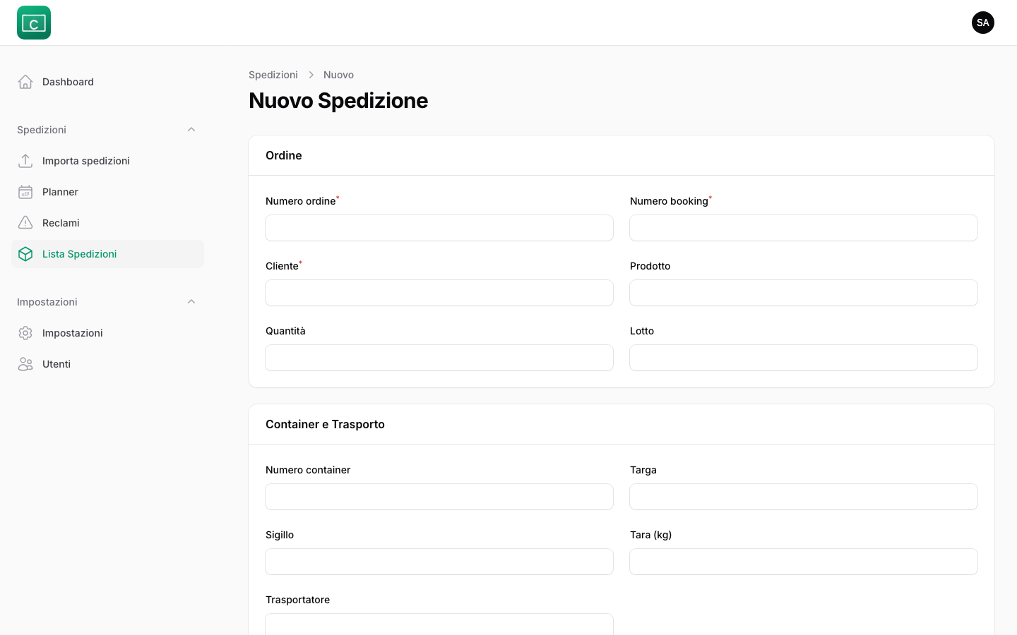 Creazione spedizione