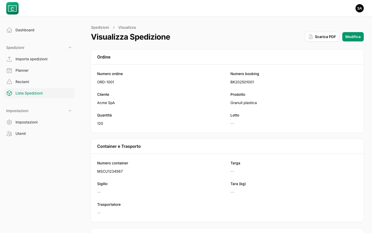 Dettaglio spedizione