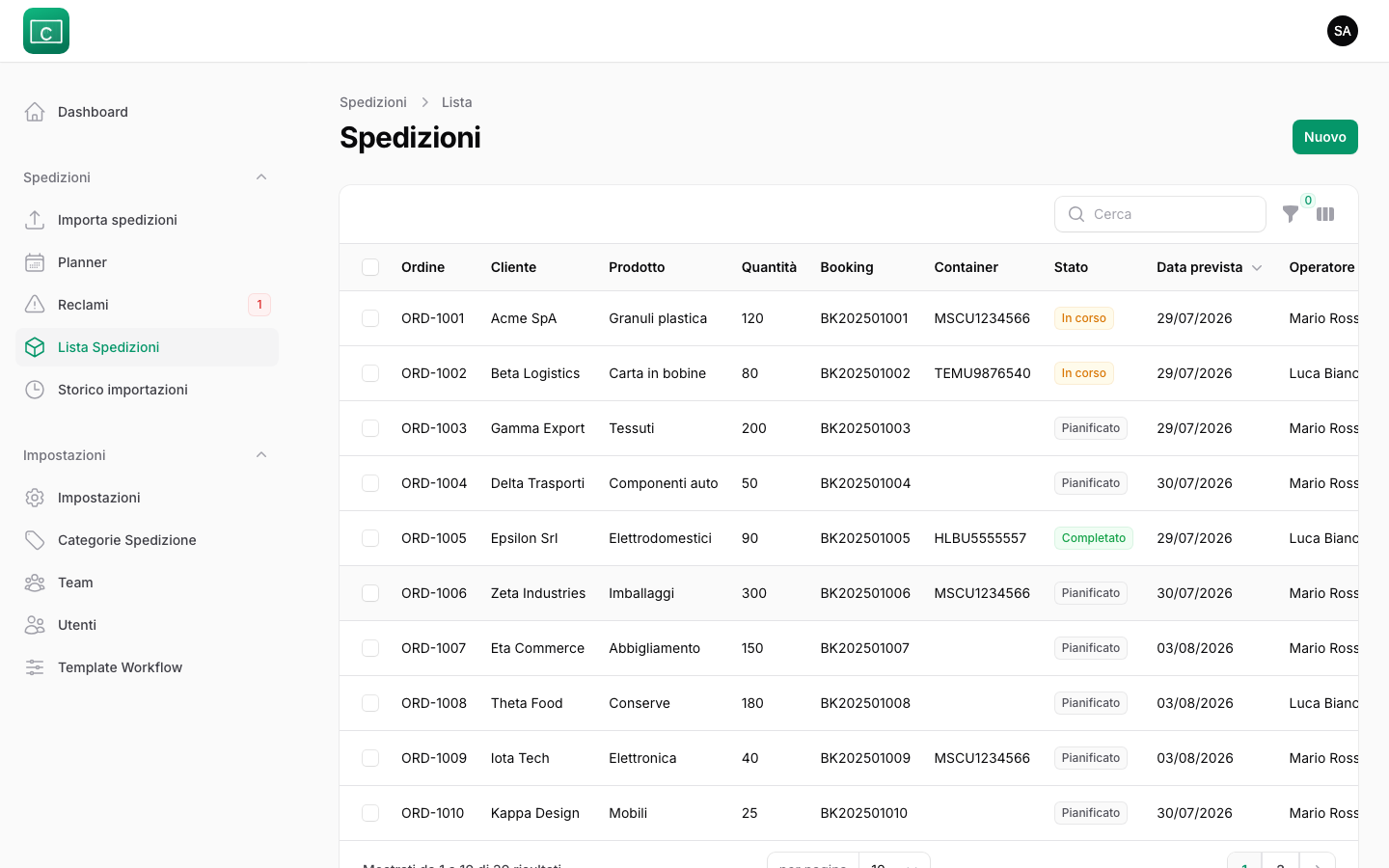 Lista spedizioni