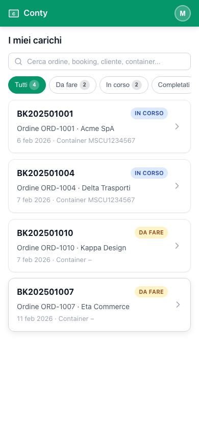 Lista spedizioni nell'app mobile